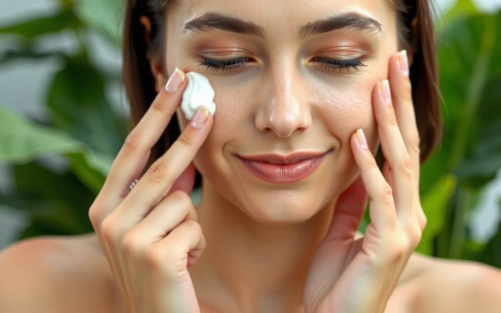 A woman gently applying a natural cream to her face, with soft, glowing skin
