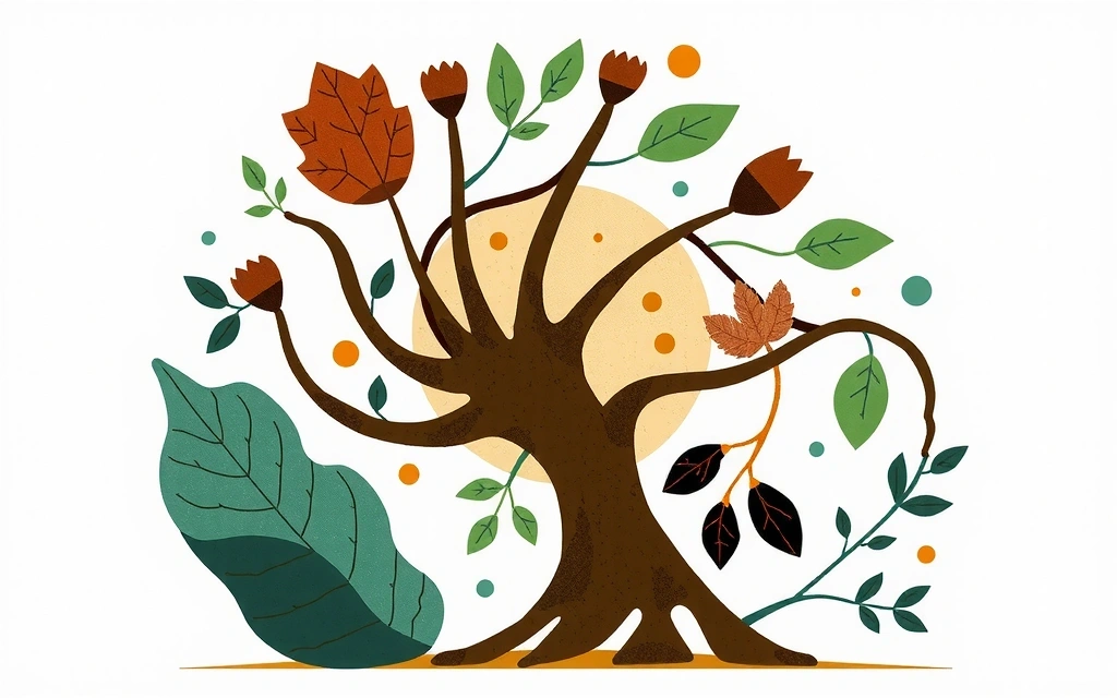 An intricately drawn abstract visual metaphor for knowledge and well-being, clean and inviting