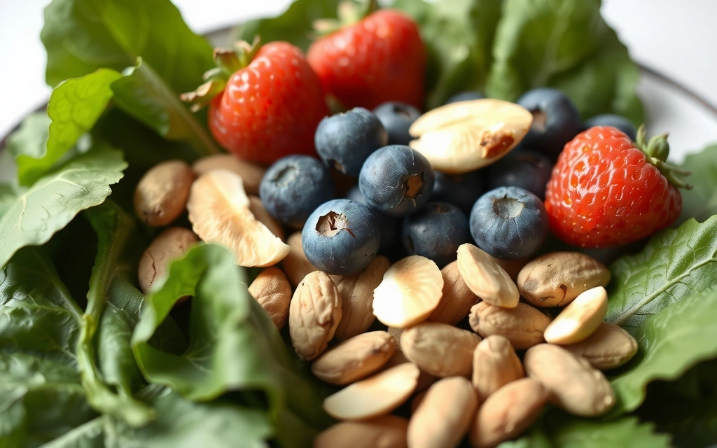 Close-up of fresh berries, nuts, and leafy greens arranged artistically, representing a balanced diet.