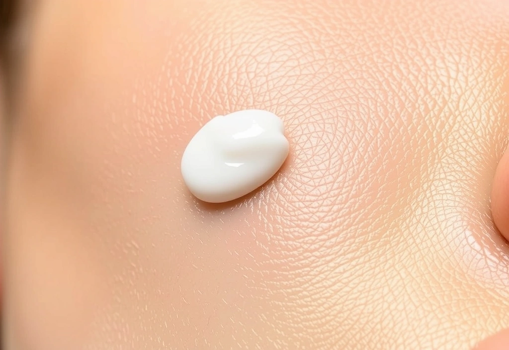 A close-up shot of a small amount of a luxurious, creamy collagen complex being gently applied to smooth skin, emphasizing its rich texture and immediate absorption, with a soft focus on the skin's glow.